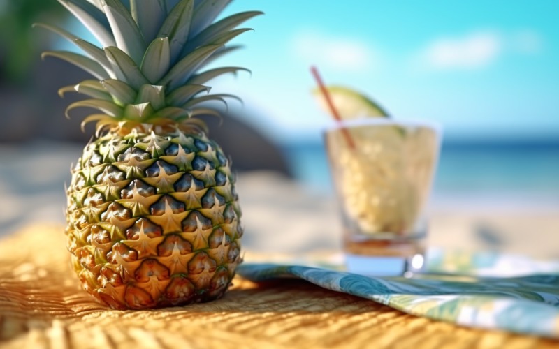 Pineapple drink in cocktail glass and sand beach scene 398 Illustration