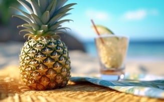 Pineapple drink in cocktail glass and sand beach scene 398