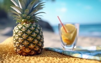 Pineapple drink in cocktail glass and sand beach scene 401