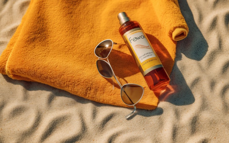 Stack of towels, sunglasses and tanning oil bottle 363 Illustration