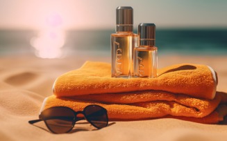Stack of towels, sunglasses and tanning oil bottle 364