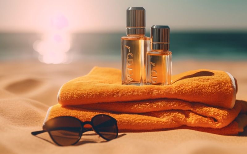Stack of towels, sunglasses and tanning oil bottle 364 Illustration