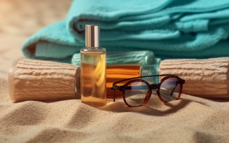 Stack of towels, sunglasses and tanning oil bottle 365