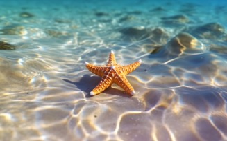 Starfish and seashell on the sandy beach in sea water 368