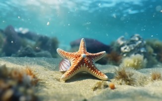 Starfish and seashell on the sandy beach in sea water 369