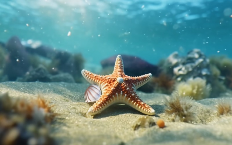 Starfish and seashell on the sandy beach in sea water 369 Illustration