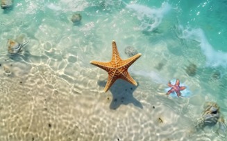 Starfish and seashell on the sandy beach in sea water 373