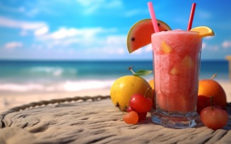 Summer sandy beach with fruit ice drink 353