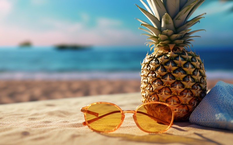 Pineapple drink in cocktail glass and sand beach scene 409 Illustration