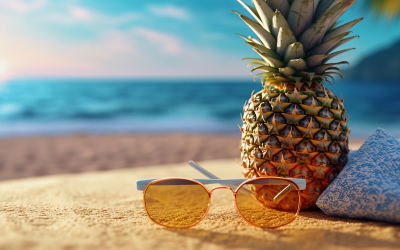 Pineapple drink in cocktail glass and sand beach scene 410 Illustration