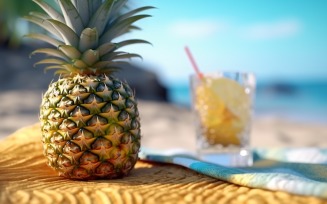 Pineapple drink in cocktail glass and sand beach scene 415