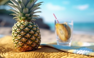 Pineapple drink in cocktail glass and sand beach scene 417