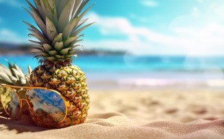 Pineapple drink in cocktail glass and sand beach scene 422