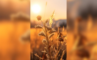 Sunny day of summer outdoor sunset behind brown dry plant 492
