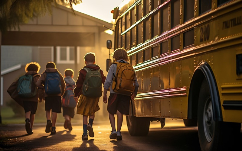 School Rush Kids, Backpacks, and Bus Rides 78 Illustration