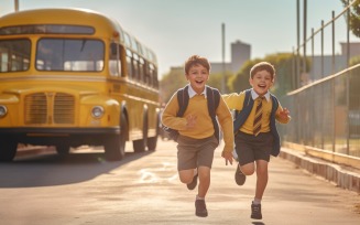 Kids running towards school, yellow bus behind the seen 295