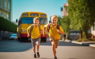 Kids running towards school, yellow bus behind the seen 296