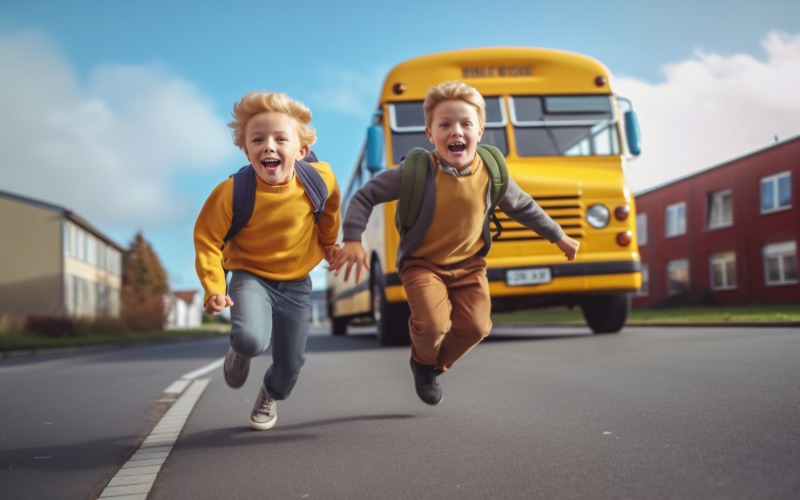 Kids running towards school, yellow bus behind the seen 298 Illustration