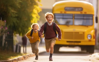 Kids running towards school, yellow bus behind the seen 299