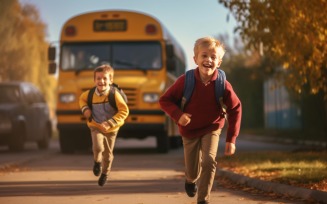 Kids running towards school, yellow bus behind the seen 300