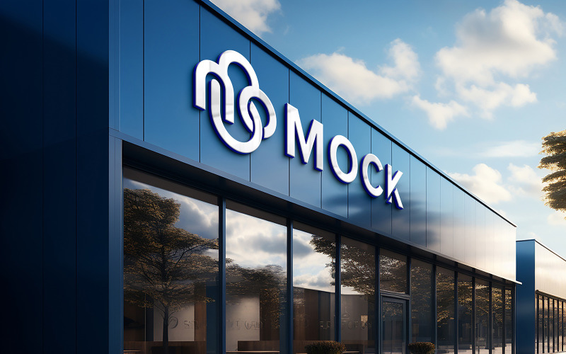 Realistic 3d sign logo mockup on shop front building corporate business front sign logo mockup Product Mockup