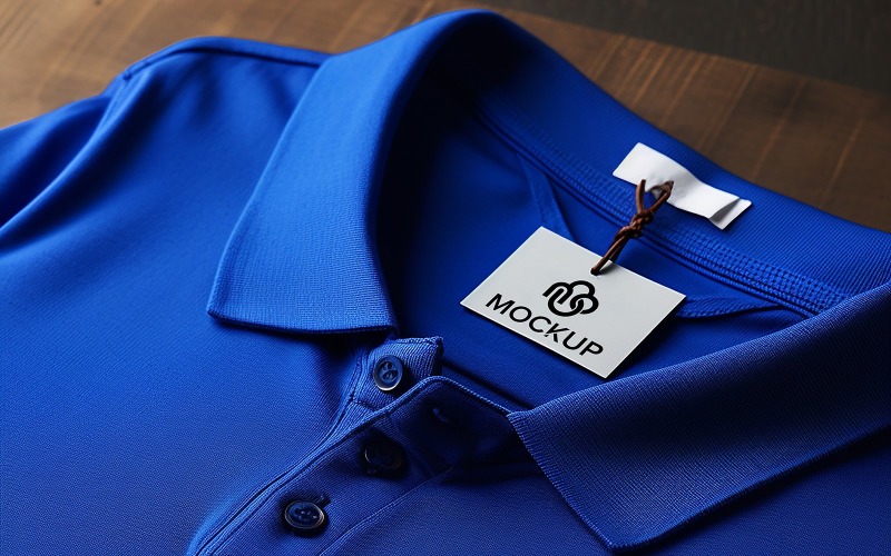 Blank clothing label on blue tshirt psd Product Mockup