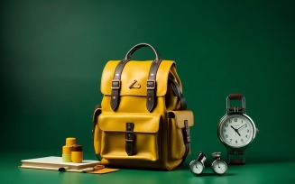 Yellow Backpack with a clock and school Supplies 160