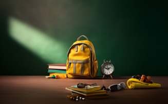 Yellow Backpack with a clock and school Supplies 161