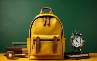 Yellow Backpack with a clock and school Supplies 163