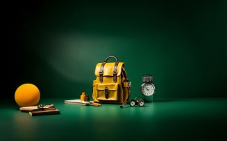 Yellow Backpack with a clock and school Supplies 165