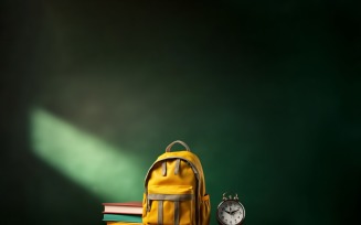 Yellow Backpack with a clock and school Supplies 166