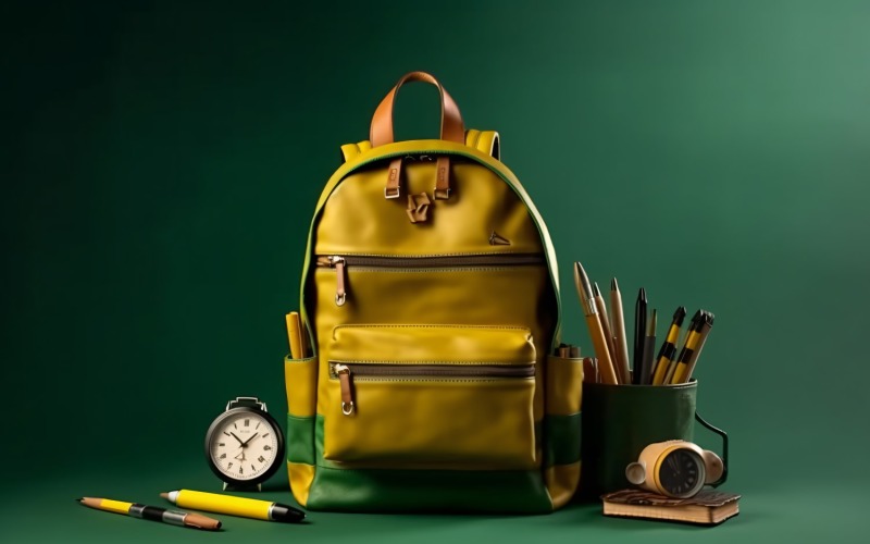 Yellow Backpack with a clock and school Supplies 171 Illustration