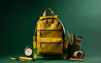 Yellow Backpack with a clock and school Supplies 171