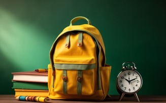 Yellow Backpack with a clock and school Supplies 172