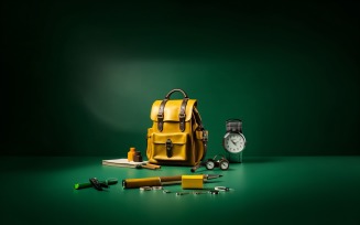 Yellow Backpack with a clock and school Supplies 173