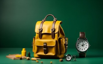 Yellow Backpack with a clock and school Supplies 174
