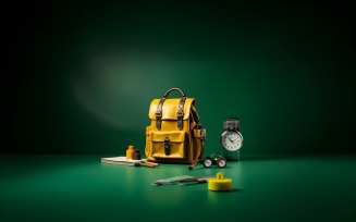 Yellow Backpack with a clock and school Supplies 175