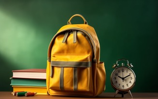 Yellow Backpack with a clock and school Supplies 176