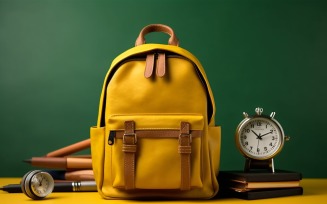 Yellow Backpack with a clock and school Supplies 177