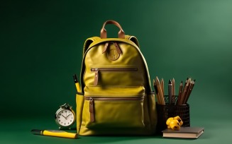 Yellow Backpack with a clock and school Supplies 178