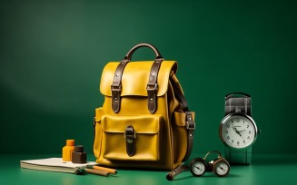 Yellow Backpack with a clock and school Supplies 179