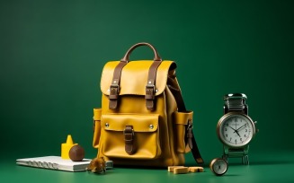 Yellow Backpack with a clock and school Supplies 180
