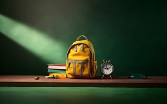 Yellow Backpack with a clock and school Supplies 181