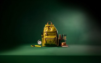 Yellow Backpack with a clock and school Supplies 182