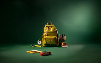 Yellow Backpack with a clock and school Supplies 183