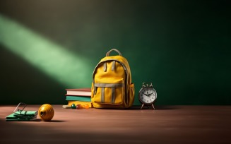Yellow Backpack with a clock and school Supplies 184