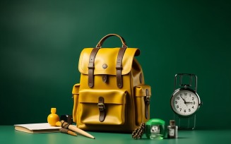 Yellow Backpack with a clock and school Supplies 187