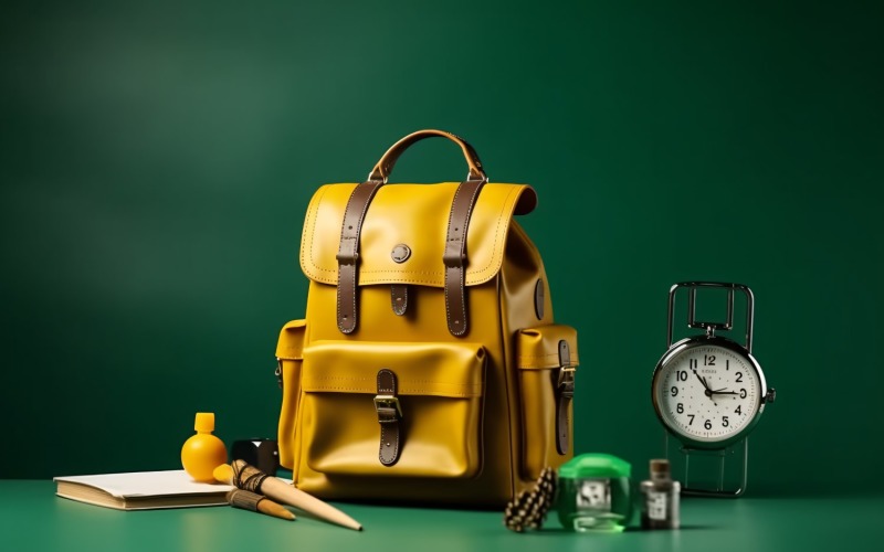 Yellow Backpack with a clock and school Supplies 187 Illustration