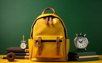 Yellow Backpack with a clock and school Supplies 186