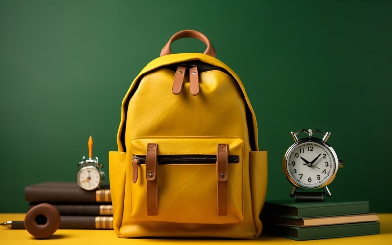 Yellow Backpack with a clock and school Supplies 186 Illustration